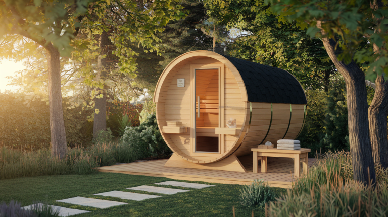 Cedar barrel sauna in a lush backyard setting with warm afternoon light and a cold plunge nearby