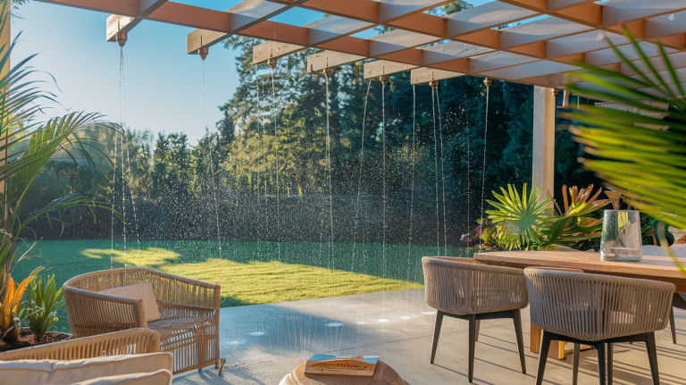 Patio misting system with brass nozzles on a pergola creating cool mist over outdoor seating area