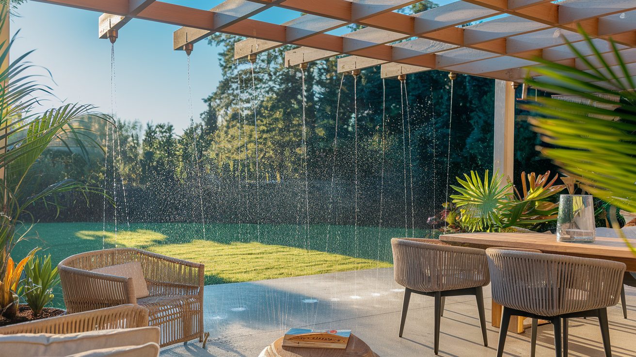 Patio misting system with brass nozzles on a pergola creating cool mist over outdoor seating area