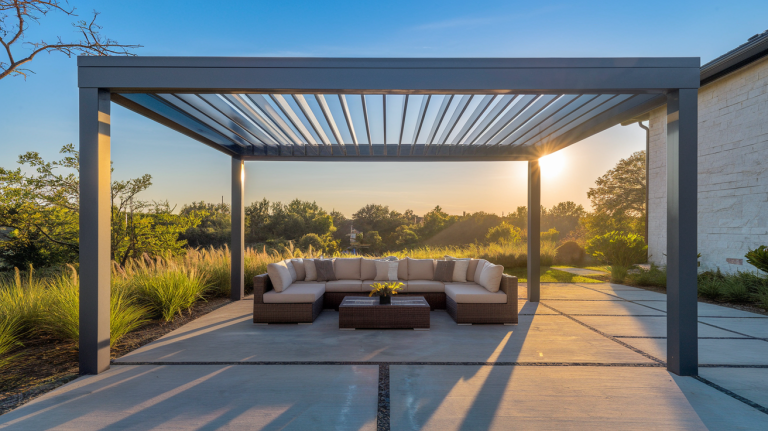 Modern aluminum louvered pergola in a Texas backyard with outdoor seating and lush landscaping