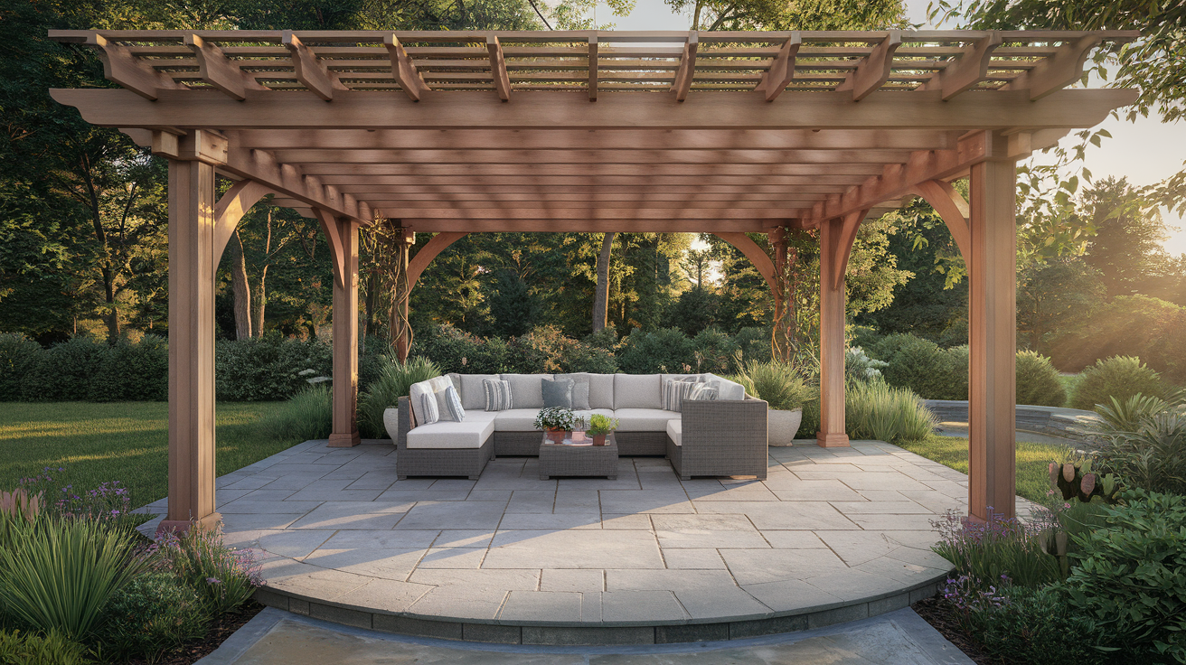 Backyard cedar pergola installation over stone patio with outdoor furniture in warm golden hour light