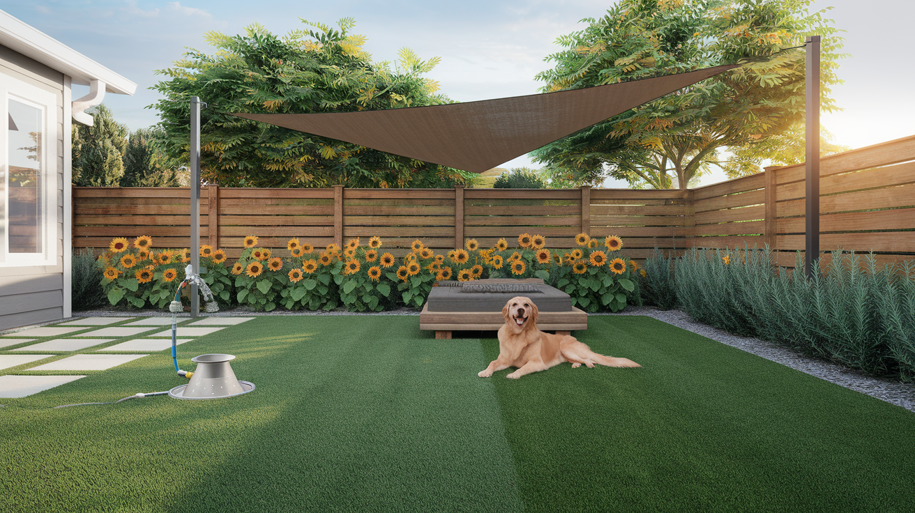 Pet-friendly backyard with artificial turf lawn, golden retriever dog, shade sail, and dog water fountain