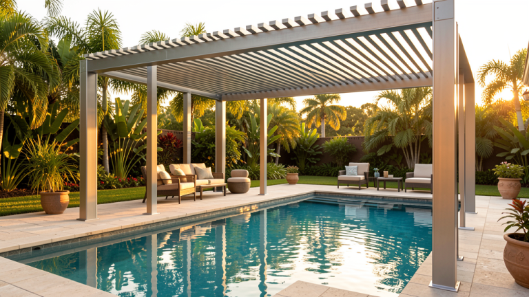Poolside pergola with louvered roof over above-ground pool in tropical backyard setting