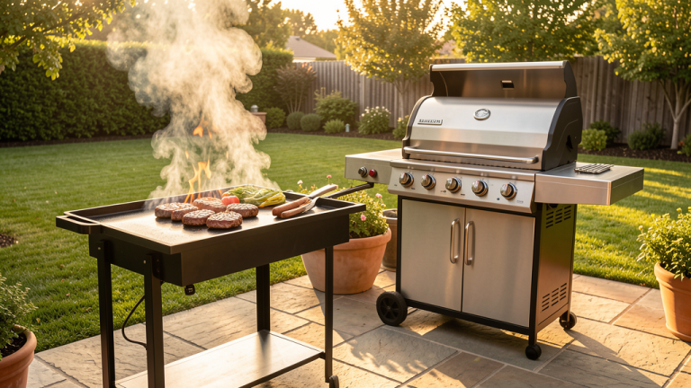 Blackstone flat-top griddle and gas grill side-by-side for backyard cooking comparison