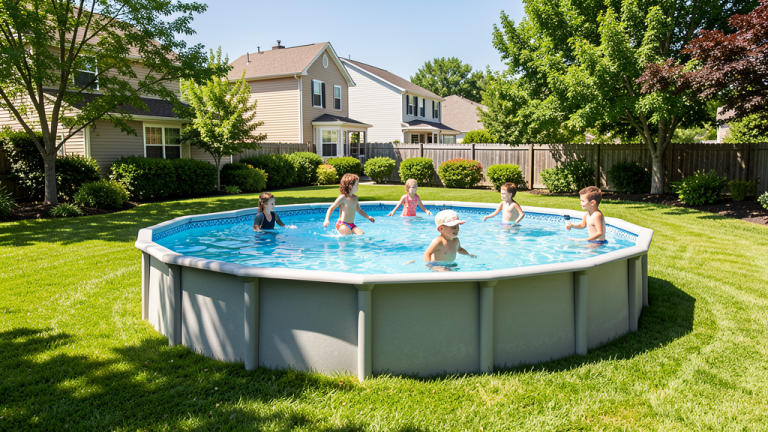 Family enjoying above-ground pool on a sunny summer day in backyard