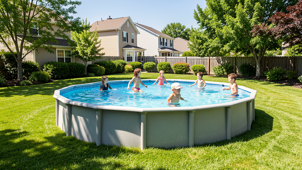 Family enjoying above-ground pool on a sunny summer day in backyard
