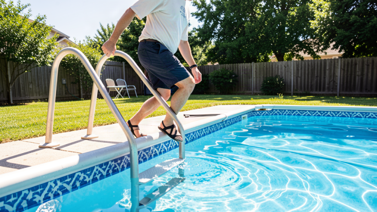 Above-ground pool ladder with adult stepping over pool wall into clear blue water