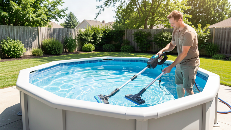 Cordless handheld pool vacuum cleaning above-ground pool in sunny backyard