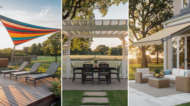 Backyard comparison showing shade sail, pergola, and retractable awning side by side in a lush outdoor setting