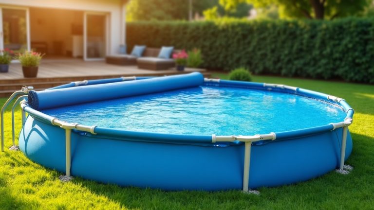 Solar cover reel positioned at the edge of an above ground pool with blue solar blanket partially deployed on sparkling pool water
