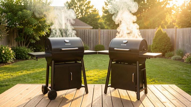 Two pellet grills side by side on backyard deck - Traeger vs Pit Boss comparison