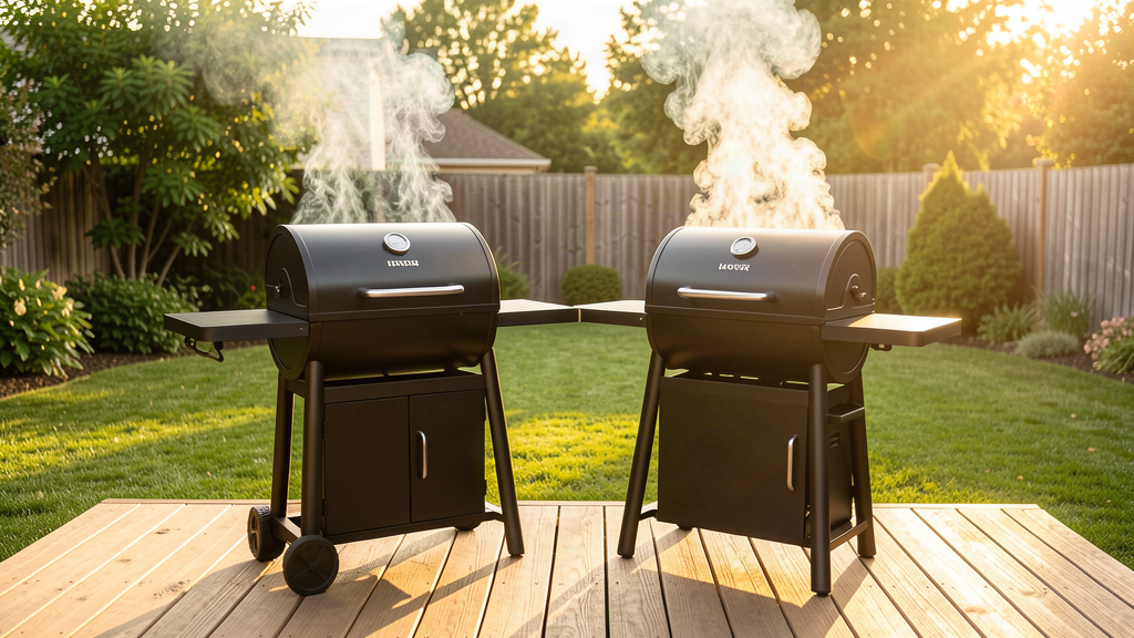 Two pellet grills side by side on backyard deck - Traeger vs Pit Boss comparison