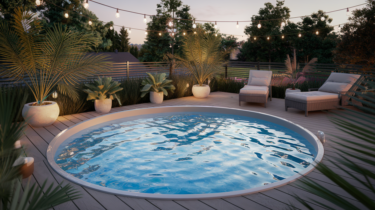 Luxury swim spa built into a backyard wooden deck with golden hour lighting and tropical landscaping