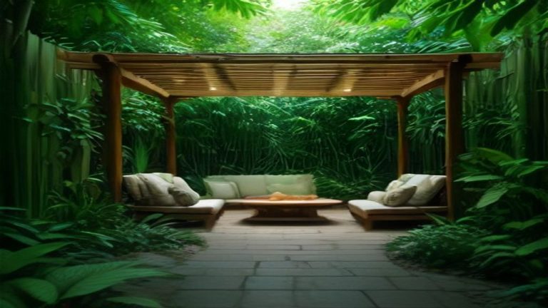 Biophilic backyard sanctuary with lush plants, water feature, and natural wood pergola at golden hour