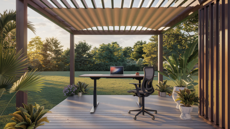 Outdoor home office setup under a wooden pergola in a backyard with a laptop and ergonomic chair on a composite deck