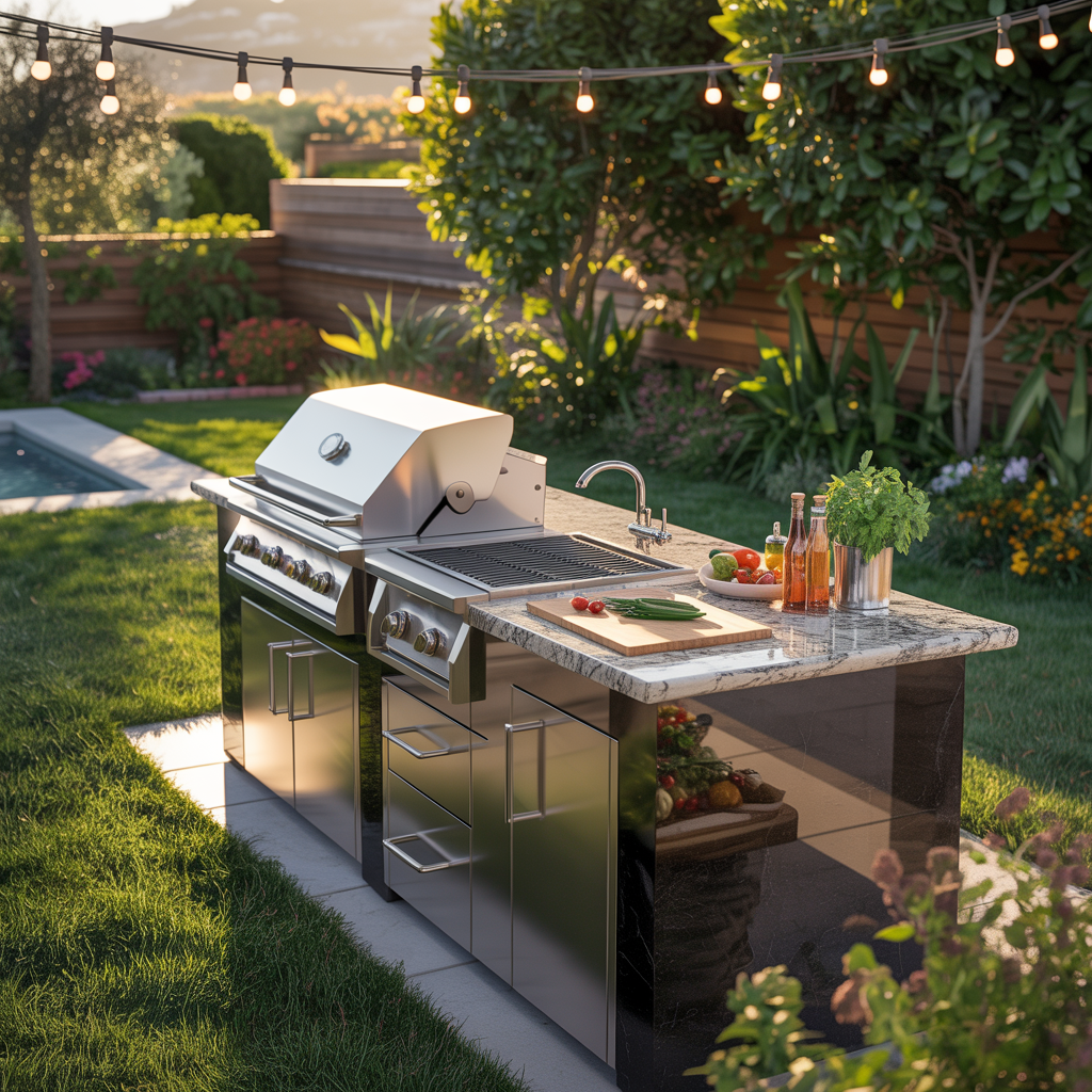 Outdoor kitchen island with built-in stainless steel grill, granite countertop, and string lights on a sunny backyard patio