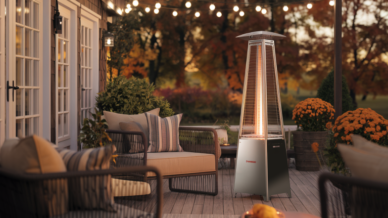 Best outdoor patio heaters 2026 — propane tower heater glowing on a cozy autumn evening patio